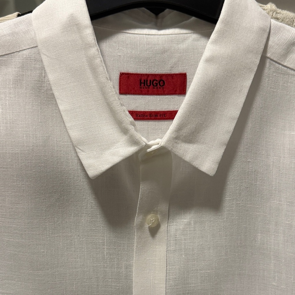 Hugo Boss White Linen-Cotton Point Collar Shirt